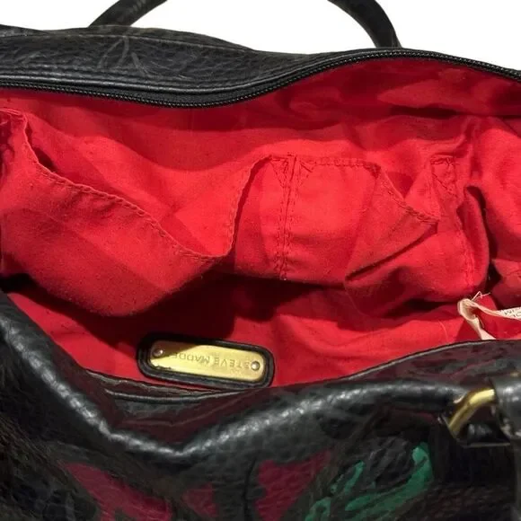 Steve Madden Y2K Black Floral Satchel Bag Pebbled Faux Leather - Picture 7 of 9